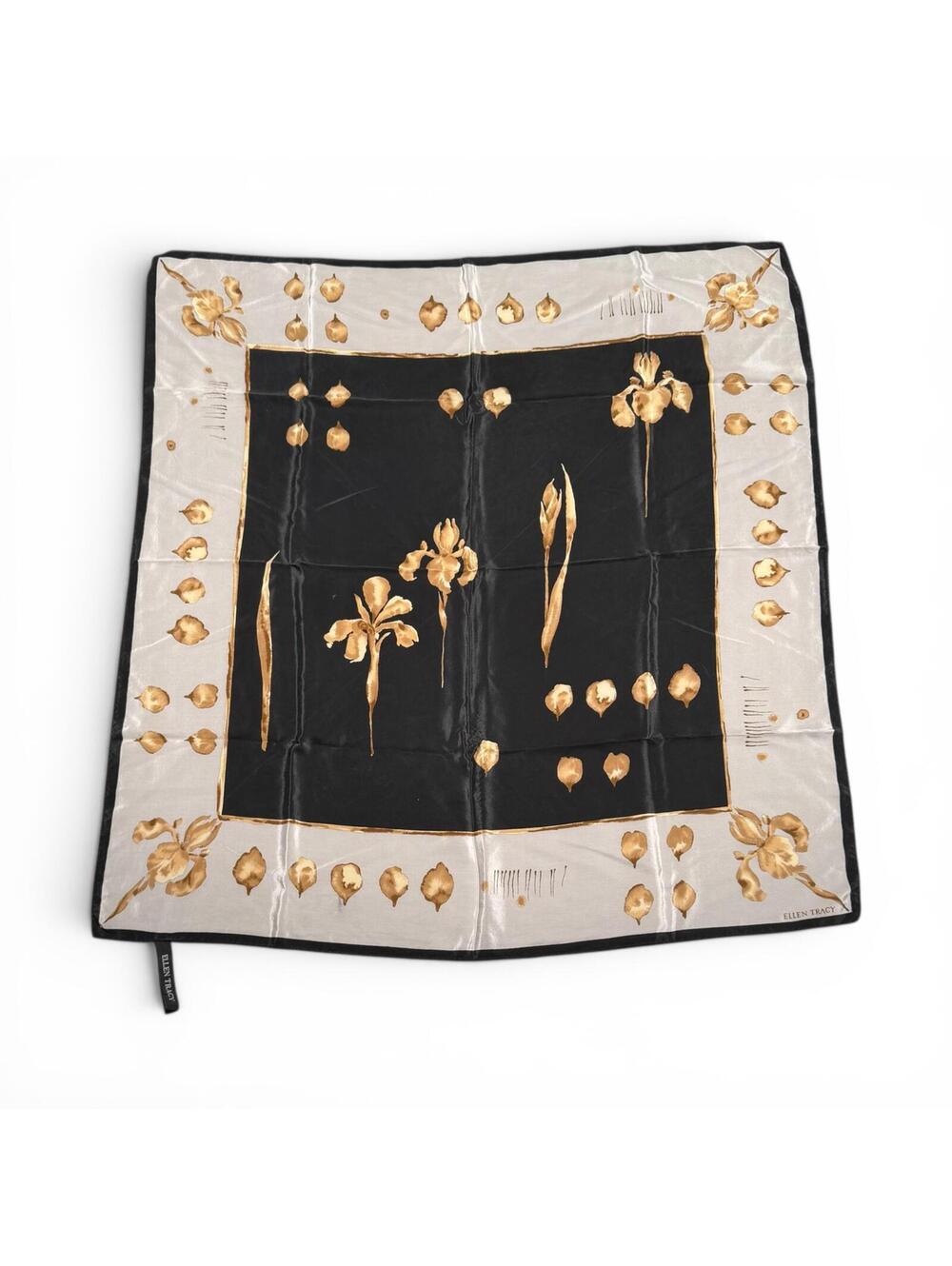 Vintage Ellen Tracy Black and Cream Silk Floral Scarf